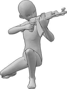 Referência de poses- Pose de pontaria de anime - Homem anime agachado, segurando uma AK47 com as duas mãos e apontando