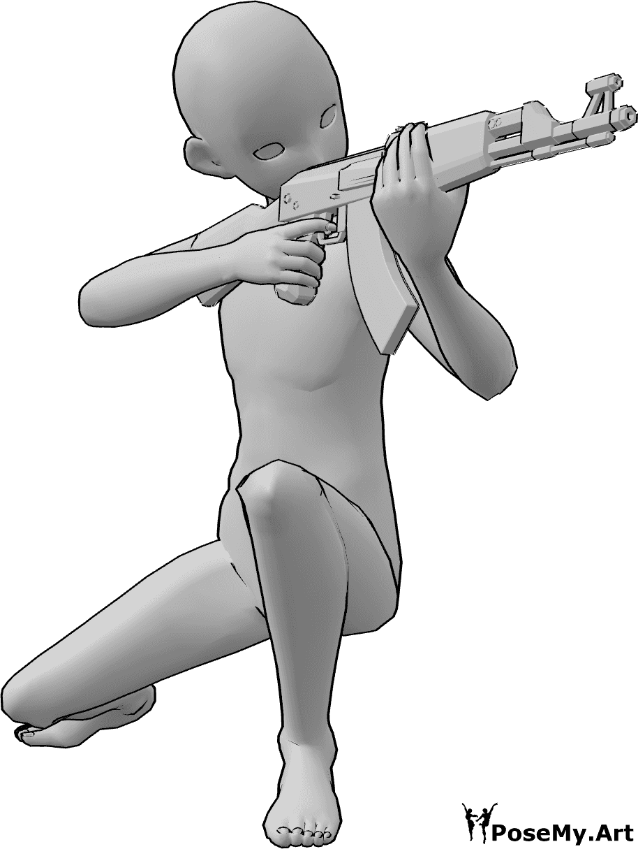 Referencia de poses- Anime agachado apuntando pose - Hombre anime está agachado, sosteniendo un AK47 con ambas manos y apuntando