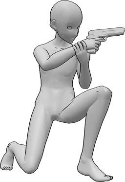 Riferimento alle pose- Posa accovacciata con pistola di puntamento - Anime maschio è accovacciato, tenendo una pistola e mirando, anime posa accovacciata