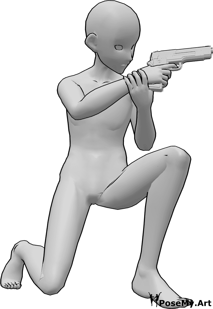 Referência de poses- Pose de arma de pontaria agachada - Homem anime está agachado, segurando uma arma e apontando, pose de agachamento anime