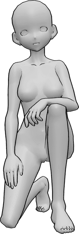 Riferimento alle pose- Anime in ginocchio posizione accovacciata - La femmina dell'anime è inginocchiata, accovacciata con disinvoltura, guarda in avanti
