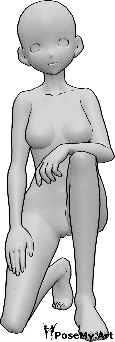Référence des poses- Anime kneeling crouching pose - La femme animée est agenouillée, accroupie avec désinvolture, regardant vers l'avant.