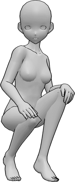 Référence des poses- Anime femme accroupie - La femme animée est accroupie, les mains posées sur les genoux et le regard tourné vers l'avant.