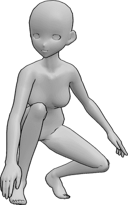 Riferimento alle pose- Posa di atterraggio femminile Anime - La donna in posa atterra, si accovaccia, guarda a destra e si tiene in equilibrio con le mani.