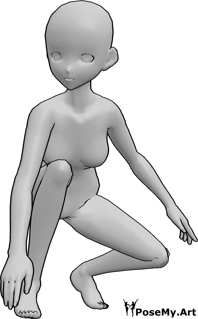 Referência de poses- Pose de aterragem de mulher de anime - A anime feminina está a aterrar, agachada, a olhar para a direita e a equilibrar-se com as mãos