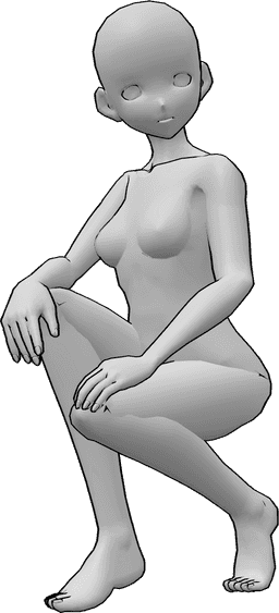 Referencia de poses- Postura informal de anime en cuclillas - Mujer anime agachada, apoyando las manos en las rodillas y mirando a la izquierda.