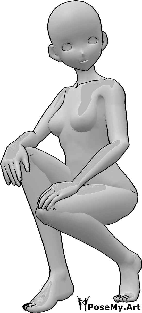 Riferimento alle pose- Anime in posa casual accovacciata - La donna anonimo è accovacciata con disinvoltura, appoggia le mani sulle ginocchia e guarda a sinistra.