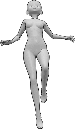 Riferimento alle pose- Anime femmina in posa fluttuante - Una donna animata galleggia e guarda verso l'alto, tenendosi in equilibrio con le mani.