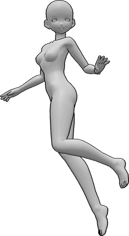 Referencia de poses- Postura de giro flotante - Mujer anime está flotando y girando, mirando a la izquierda, equilibrándose con las manos