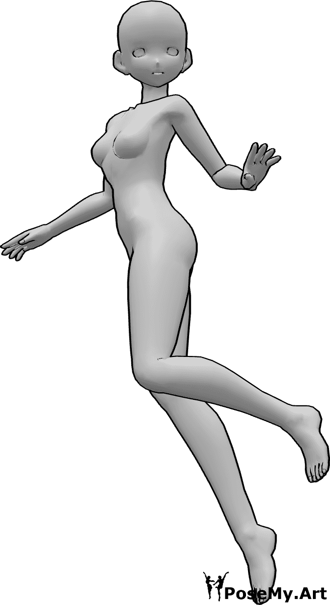 Posen-Referenz- Schwebende Drehhaltung - Anime-Frau schwebt und dreht sich, schaut nach links und balanciert mit ihren Händen