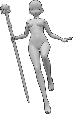 Posen-Referenz- Magischer Stab schwebende Pose - Anime-Frau hält einen magischen Stab in ihrer rechten Hand, während sie schwebt