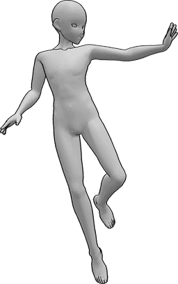Posen-Referenz- Schwebende Pose zum Zaubern - Anime-Männchen schwebt und hebt seine linke Hand, um einen Zauber zu sprechen