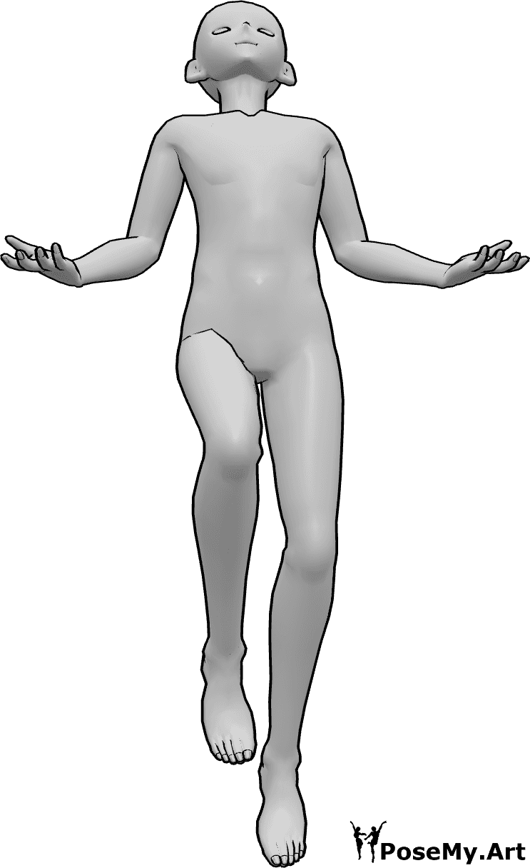 Posen-Referenz- Schwebende Pose mit erhobenen Händen - Anime-Männchen schwebt, hebt die Hände und schaut nach oben