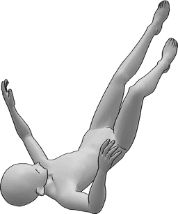 Referência de poses- Pose flutuante de cabeça para baixo - Homem anime está a flutuar de cabeça para baixo inconscientemente, pose flutuante de anime