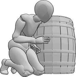 Referencia de poses- Postura de escondite de rodillas - Mujer arrodillada detrás de un barril, escondiéndose de algo, pose femenina de escondite