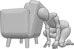 Referencia de poses- Mujer que se esconde - La mujer está en cuclillas, arrodillada detrás del sillón, escondiéndose de algo
