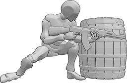 Referência de poses- Esconder-se atrás da pose de barril - O homem está agachado atrás do cano, segurando uma arma, escondendo-se de algo