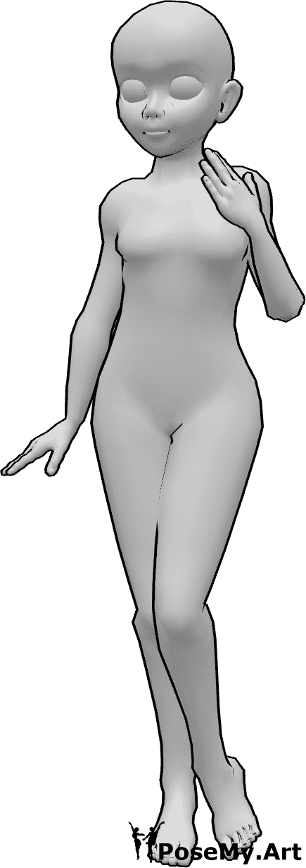 Referência de poses- Pose de pé tímida - Mulher anime tímida em pose de pé