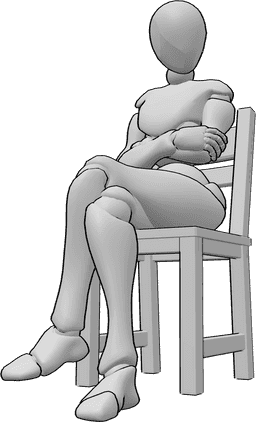 Referência de poses- Postura sentada de braços dobrados - Mulher sentada numa cadeira e de braços cruzados, olhando para a esquerda
