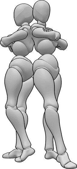 Referencia de poses- Postura de mujer con los brazos cruzados - Dos mujeres están de pie, cruzadas de brazos y apoyadas la una en la otra con la espalda