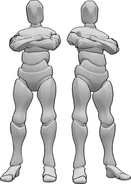 Referência de poses- Homens em pose de braços cruzados - Dois homens estão de pé um ao lado do outro, de braços cruzados e a olhar para a frente