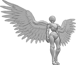 Référence des poses- Ailes d'ange en position debout - La femme aux ailes d'ange est debout et regarde vers la gauche, référence de dessin d'ailes humaines