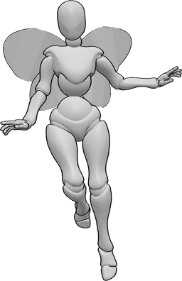 Posen-Referenz- Feenflügel fliegende Pose - Frau mit Feenflügeln fliegt, schwebt in der Luft, schaut nach vorne