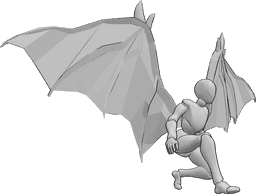 Référence des poses- Pose d'atterrissage des ailes du diable - Femme avec des ailes de diable en train d'atterrir, en équilibre avec ses mains, regardant vers l'avant.