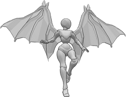 Referência de poses- Pose de voo com asas de diabo - Mulher com asas de diabo está a voar, olhando para a esquerda, referência de desenho de asas humanas
