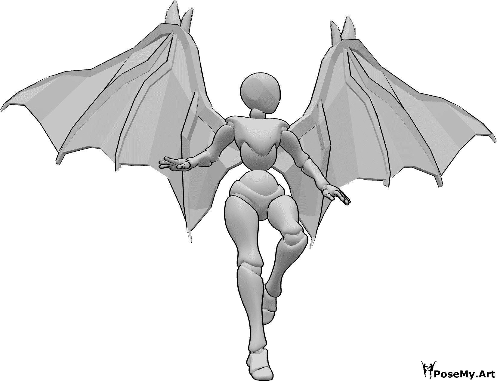 Referencia de poses- Postura de vuelo con alas de diablo - Mujer con alas de diablo está volando, mirando a la izquierda, alas humanas dibujo de referencia