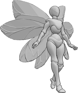 Referência de poses- Pose de fada com asas - Mulher com asas de fada está a caminhar, olhando para a frente, referência de desenho de asas humanas