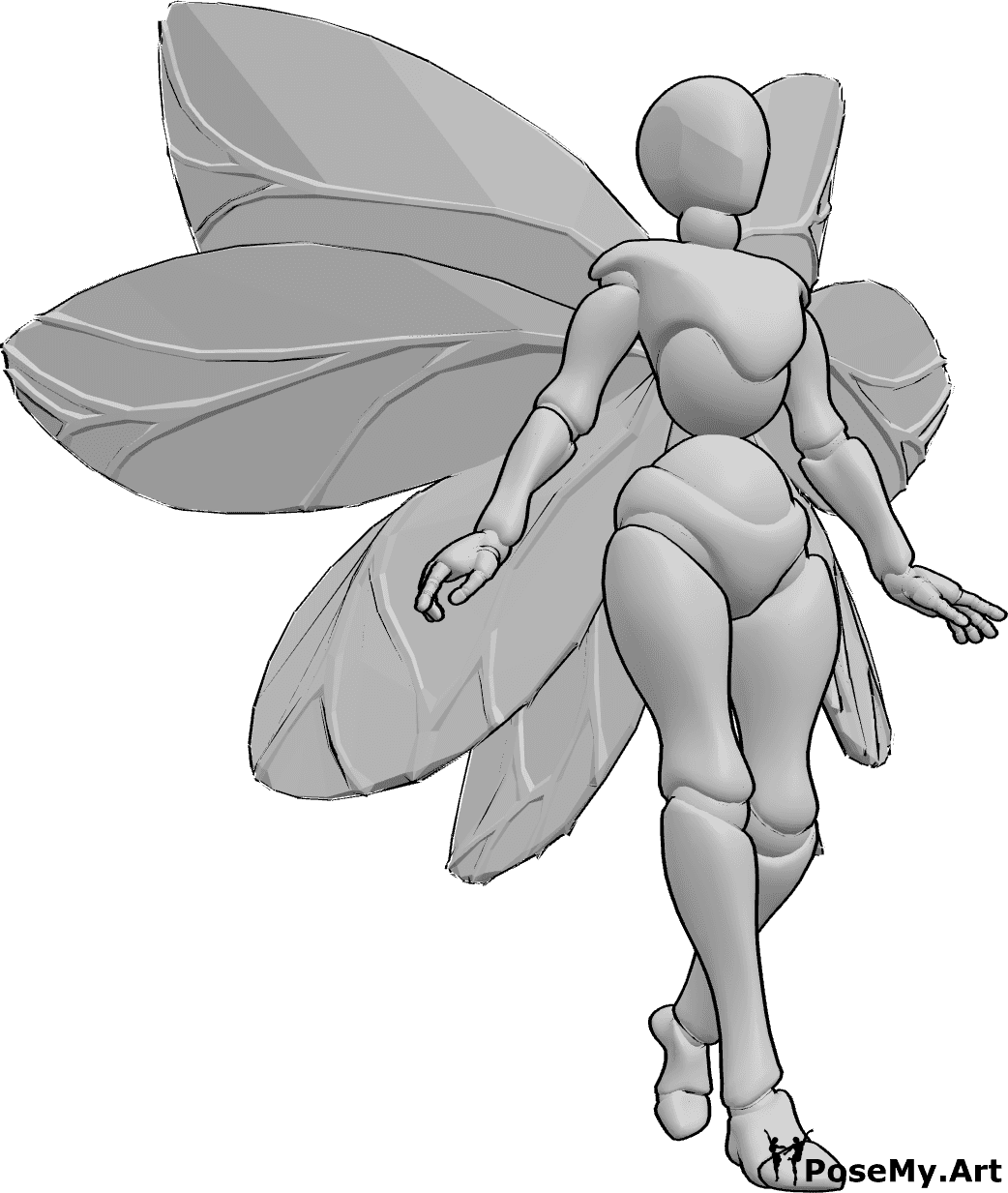 Référence des poses- Ailes de fées, pose de marche - Femme avec des ailes de fée marchant, regardant vers l'avant, référence de dessin d'ailes humaines