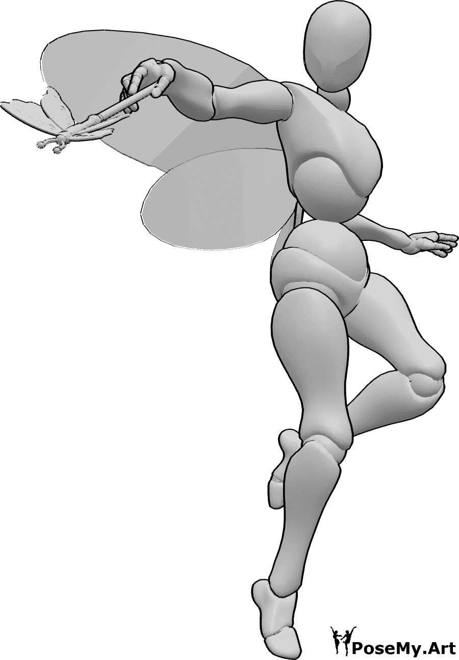 Referencia de poses- Postura mágica con alas de hada - Mujer con alas de hada está volando y lanzando un hechizo con su varita de hada