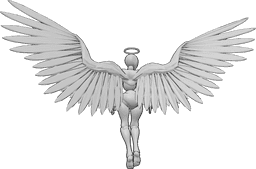 Posen-Referenz- Engelsflügel-Pose - Engelsflügel aus der Rückenansicht, Frau mit Engelsflügeln und Heiligenschein fliegt, Blick nach rechts