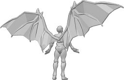 Referencia de poses- Postura de alas de diablo - alas de diablo desde atrás, hombre con alas de diablo está de pie, mirando hacia arriba