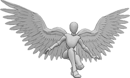 Referência de poses- Pose de aterragem com asas de anjo - Mulher com asas de anjo está a aterrar, equilibrando-se com as mãos e olhando para a frente