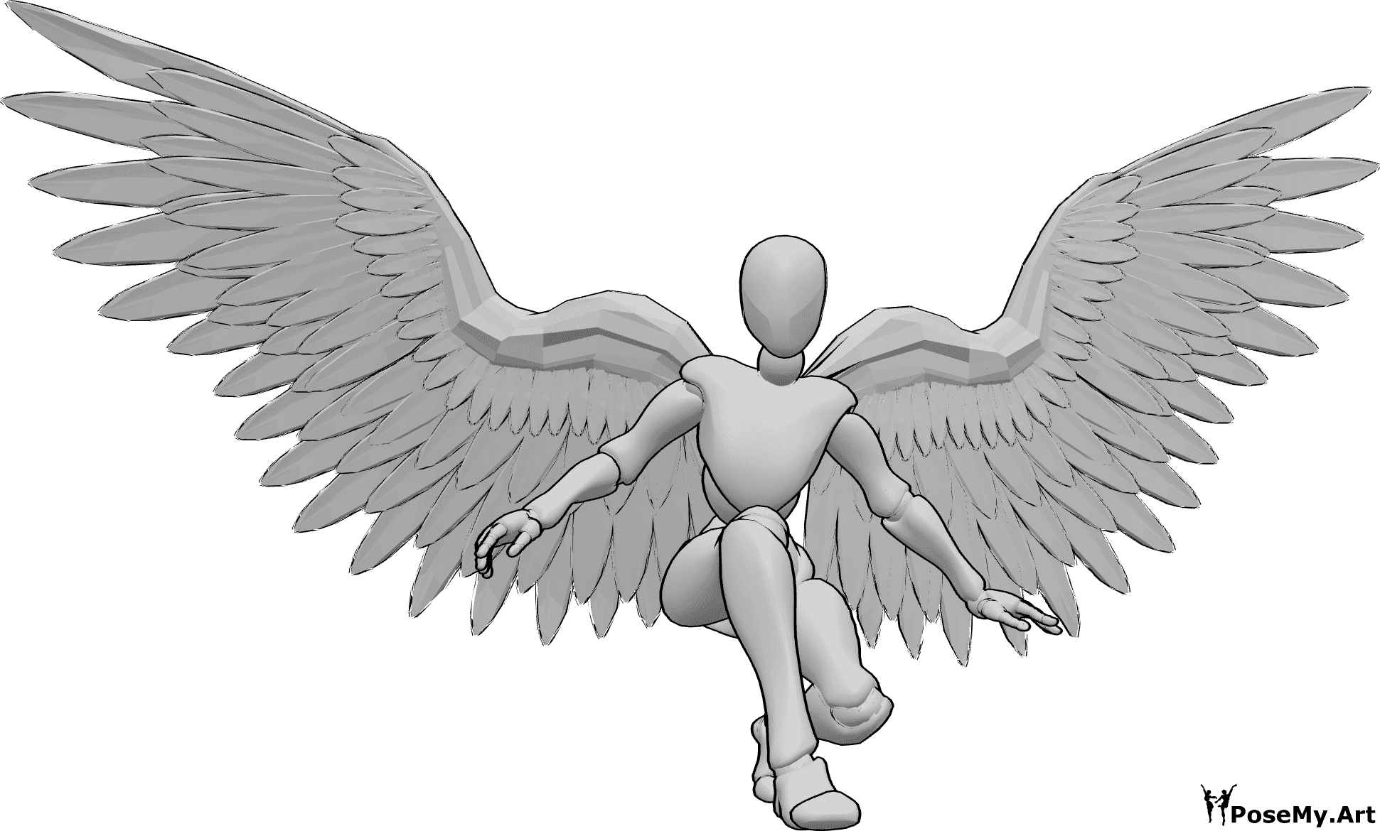 Riferimento alle pose- Posa di atterraggio con ali d'angelo - Donna con ali d'angelo in fase di atterraggio, in equilibrio con le mani e con lo sguardo rivolto in avanti