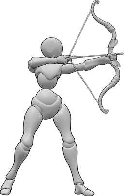 Référence des poses- Femme debout en train de viser - Femme debout et visant son arc, pose de tir à l'arc féminin