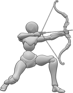 Referência de poses- Pose feminina de pontaria agachada - Mulher agachada e a apontar o arco, pose feminina de tiro com arco