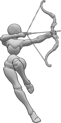 Referência de poses- Pose de pontaria de salto feminino - Mulher a saltar e a apontar o arco, pose feminina de tiro com arco