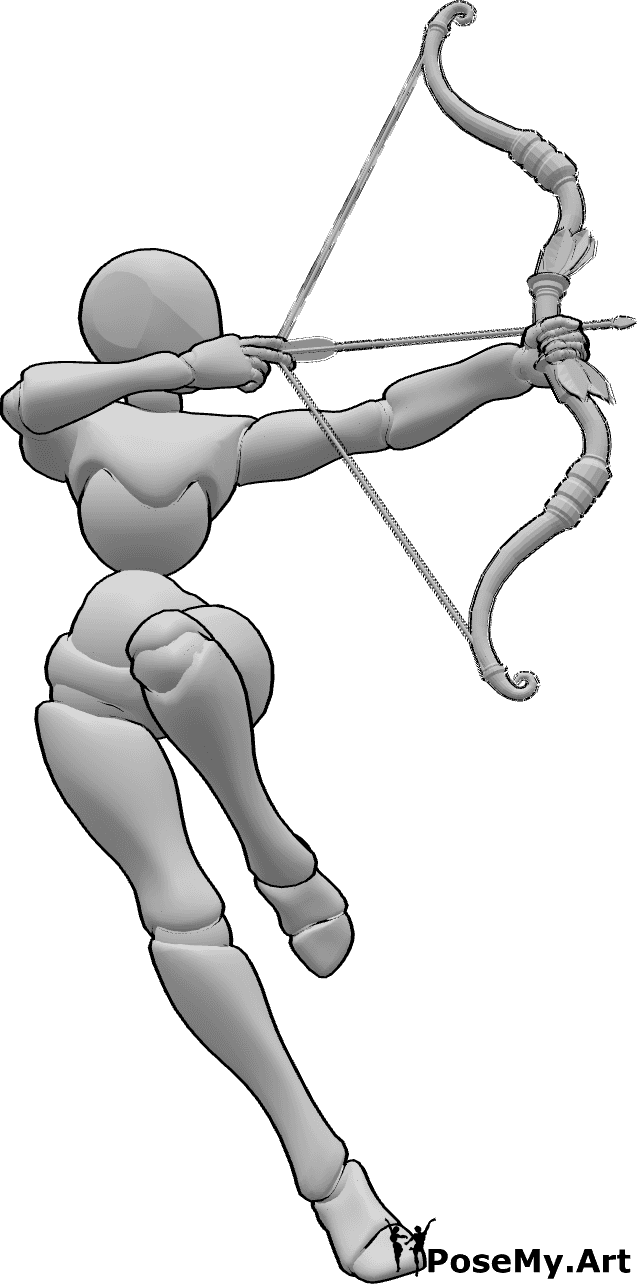 Referência de poses- Pose de pontaria de salto feminino - Mulher a saltar e a apontar o arco, pose feminina de tiro com arco