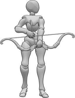 Posen-Referenz- Frau in Bogenhaltung - Frau steht, hält einen Bogen, blickt nach links, bereitet den Pfeil vor