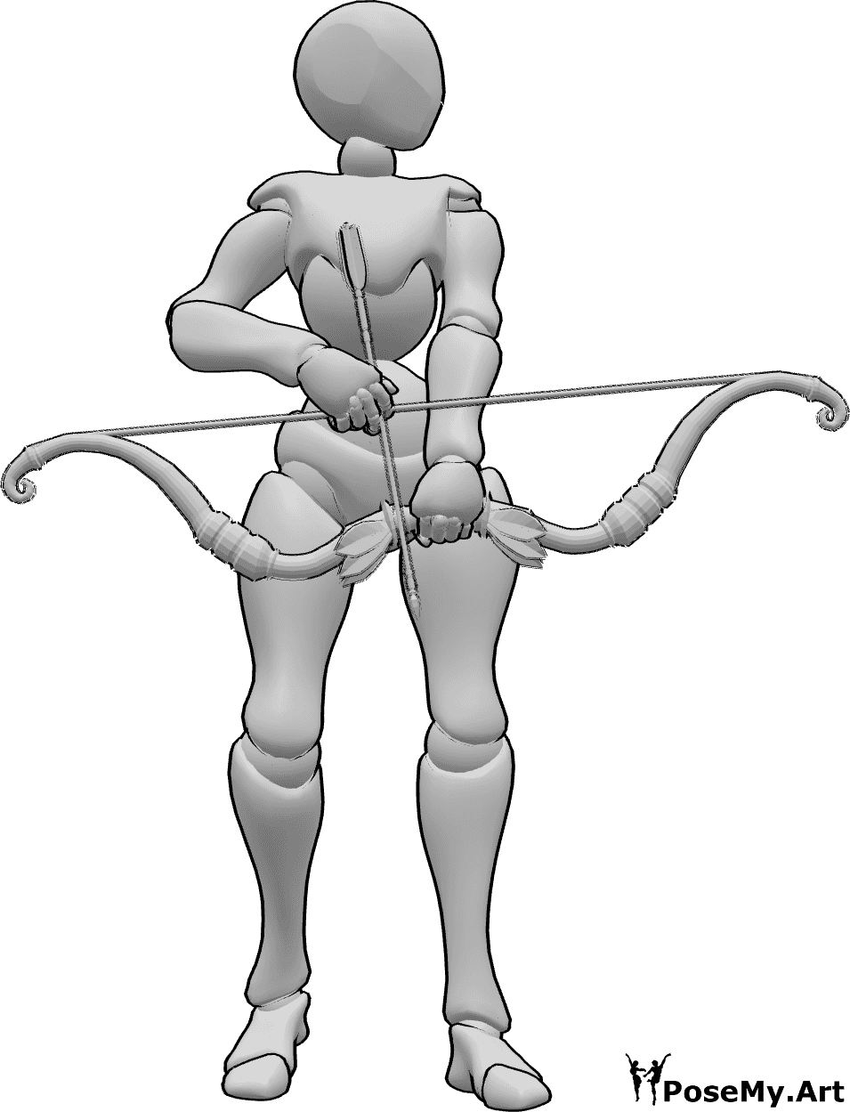 Pose Reference- Female holding bow pose - Female is standing, holding a bow, looking to the left, preparing the arrow