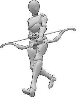 Posen-Referenz- Weibliche Laufmaschen-Pose - Frau läuft, hält einen Bogen und bereitet den Pfeil vor, sie schaut nach links