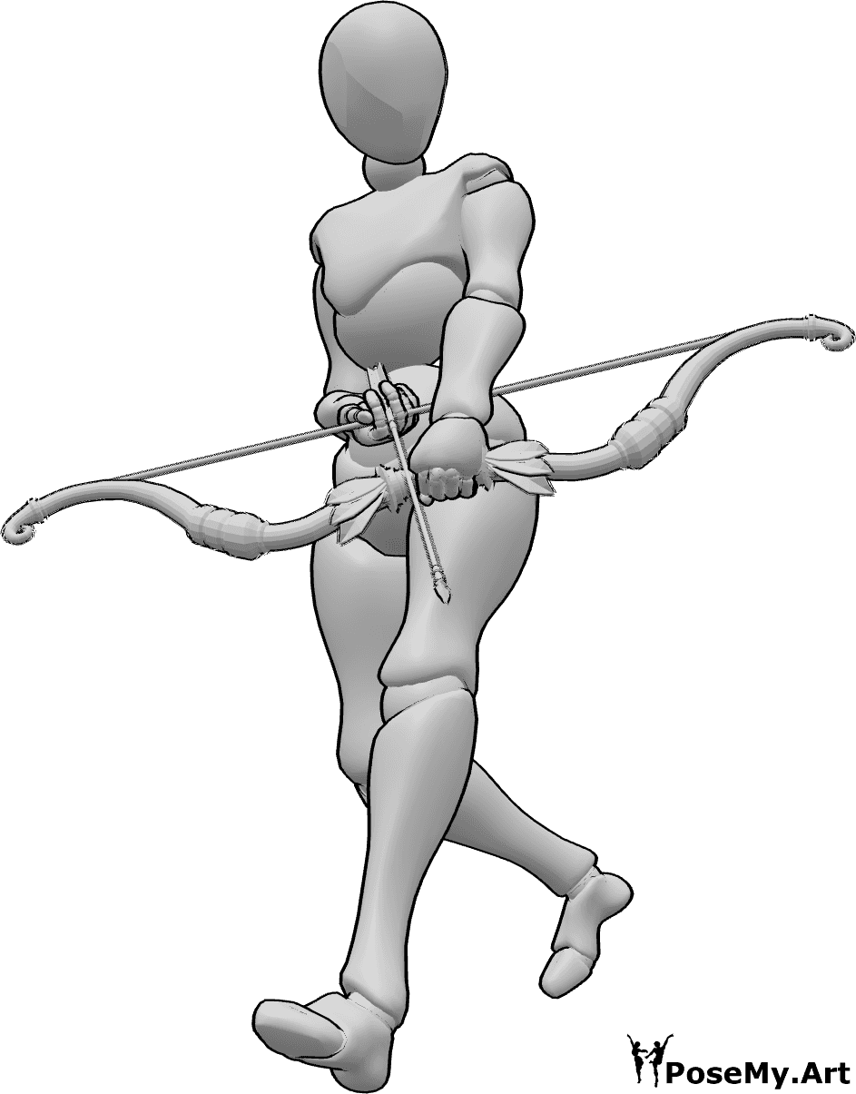 Posen-Referenz- Weibliche Laufmaschen-Pose - Frau läuft, hält einen Bogen und bereitet den Pfeil vor, sie schaut nach links