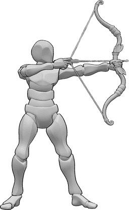 Référence des poses- Homme debout en train de viser - Homme debout et visant son arc, pose de tir à l'arc masculin, pose de visée d'arc