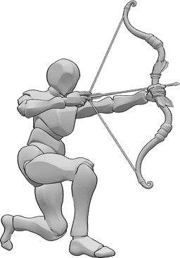 Référence des poses- Homme accroupi en train de viser - Homme accroupi et visant son arc, pose de tir à l'arc masculin, pose de visée d'arc