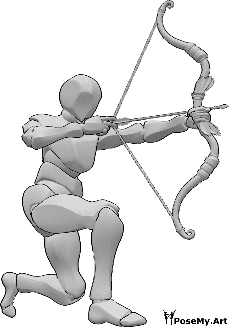 Referencia de poses- Masculino agachado apuntando pose - Hombre en cuclillas apuntando con su arco, pose de arquero masculino, pose apuntando con su arco