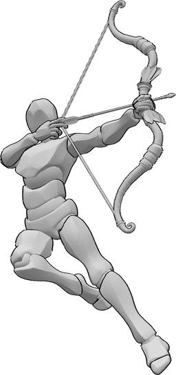 Referencia de poses- Masculino saltando apuntando pose - Hombre saltando y apuntando con su arco, pose de arquero masculino, pose apuntando con su arco