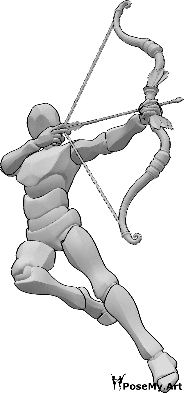Référence des poses- Homme sautant en visant la pose - Homme sautant et visant son arc, pose de tir à l'arc masculin, pose de visée d'arc